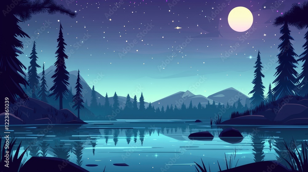 Fototapeta premium Nighttime Mountain Lake with Moon, Stars, and Silhouetted Trees