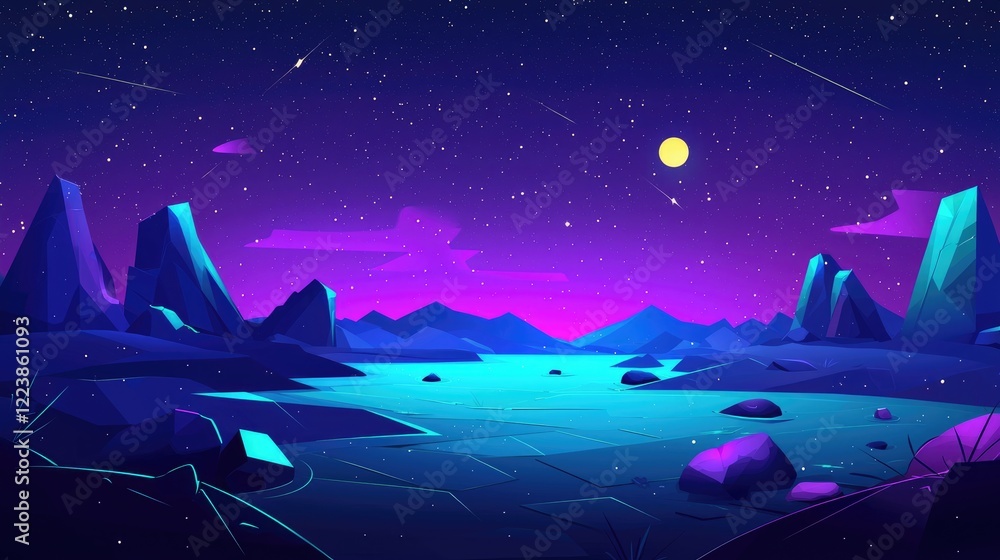Fototapeta premium Nighttime Landscape with Mountains and a Full Moon Under a Starry Sky
