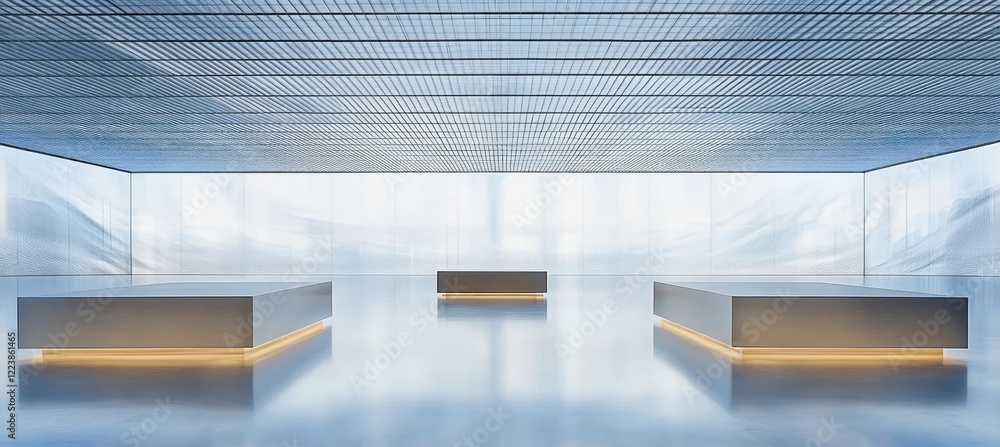 Obraz premium Minimalist Exhibition Space with Metallic Platforms Bright Lighting and Clean Lines