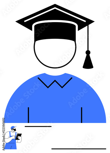 Black graduate hat and blue gown combined with a worker using tools, representing education, skills. Ideal for career growth, vocational training, technical learning, mentoring, job opportunities