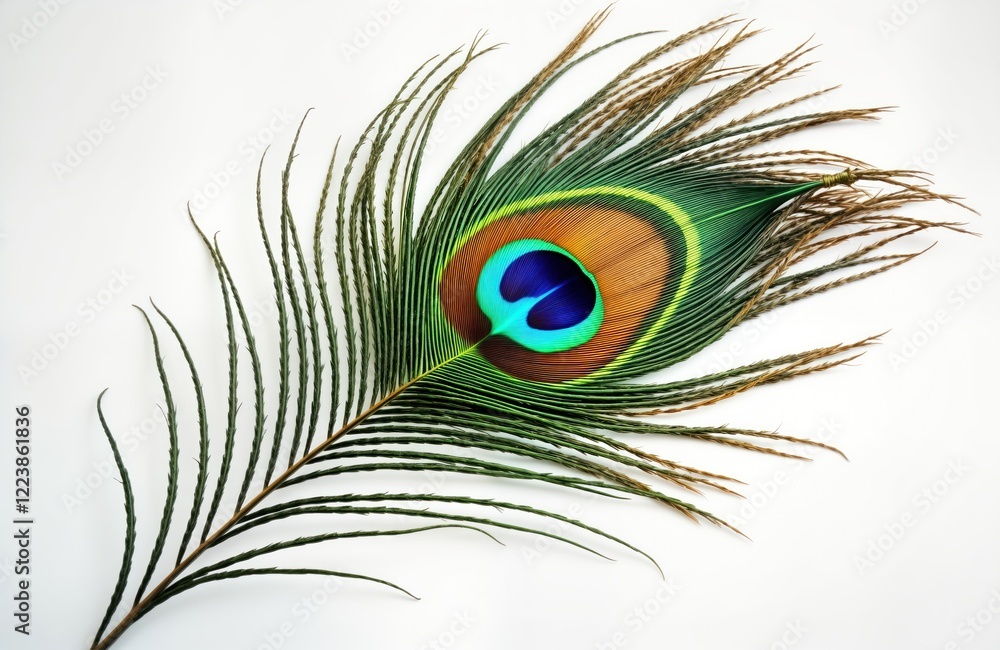 Fototapeta premium Colorful peacock feather isolated on white background. Vibrant colors, detailed structure of feather. Exotic, elegant image. Nature beauty. Beautiful wildlife. Ideal for design projects educational