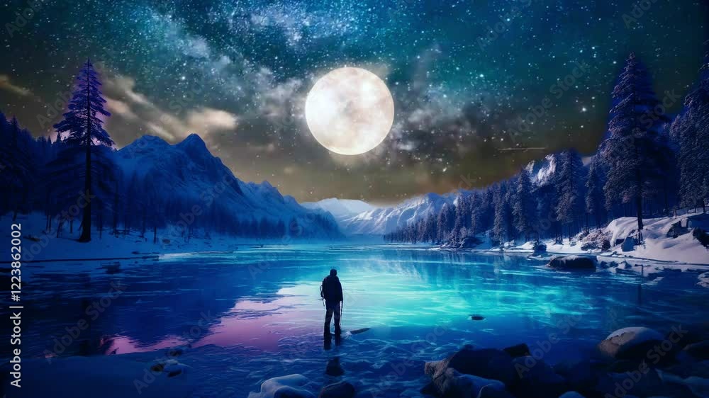Man standing by a glowing frozen lake under a moonlit starry sky surrounded by snowy mountains. Seamless looping time lapse animation video background
Man standing by a glowing frozen lake under a moonlit starry sky surrounded by snowy mountains. Seamless looping time lapse animation video background