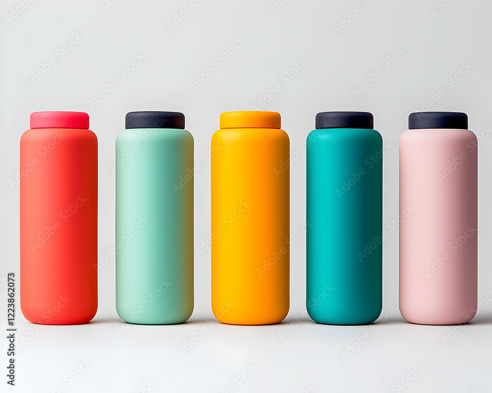 A vibrant lineup of five colorful bottles showcasing modern design and variety, perfect for hydration and style in daily life. A vibrant lineup of five colorful bottles showcasing modern design and variety, perfect for hydration and style in daily life.