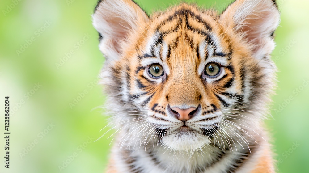 Obraz premium Close-up portrait of a cute tiger cub looking directly forward against a soft green background in daytime.