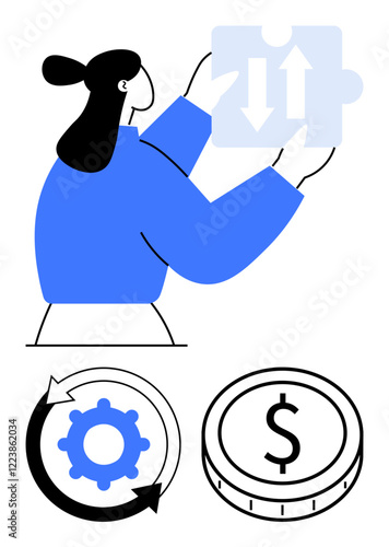 Woman lifts puzzle piece with growth arrows. Below, cogwheel in cyclical arrows and dollar coin. Ideal for teamwork, finance, innovation, problem-solving, strategy, progress abstract line flat