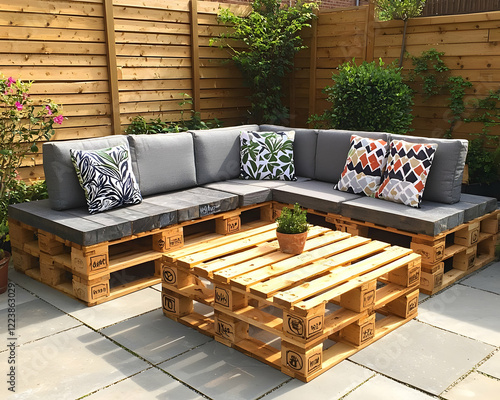 A cozy outdoor seating area featuring a pallet sofa with cushions and a matching coffee table, surrounded by greenery and wooden fencing.