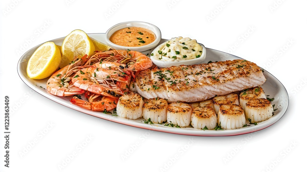 A platter of perfectly grilled seafood, including shrimp, scallops, and fish, served with lemon wedges.