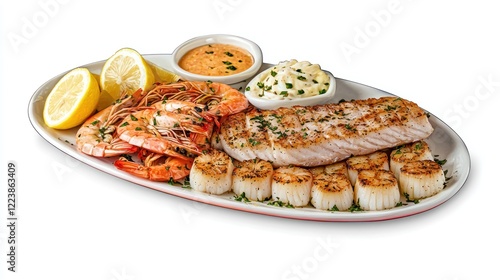 Obraz na płótnie A platter of perfectly grilled seafood, including shrimp, scallops, and fish, served with lemon wedges.