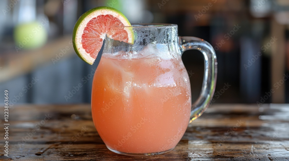 A pitcher of cold grapefruit juice served with a slice of lime on the rim