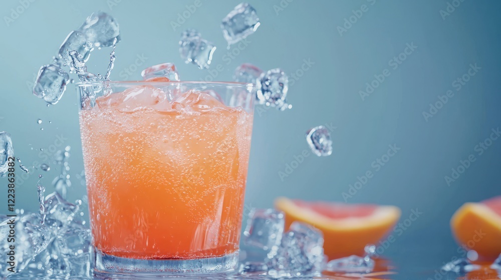 A refreshing glass of freshly squeezed grapefruit juice with ice cubes.