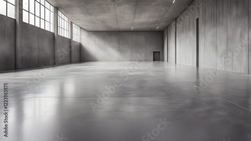 Modern, minimalist empty warehouse interior with polished concrete floors and large windows.
