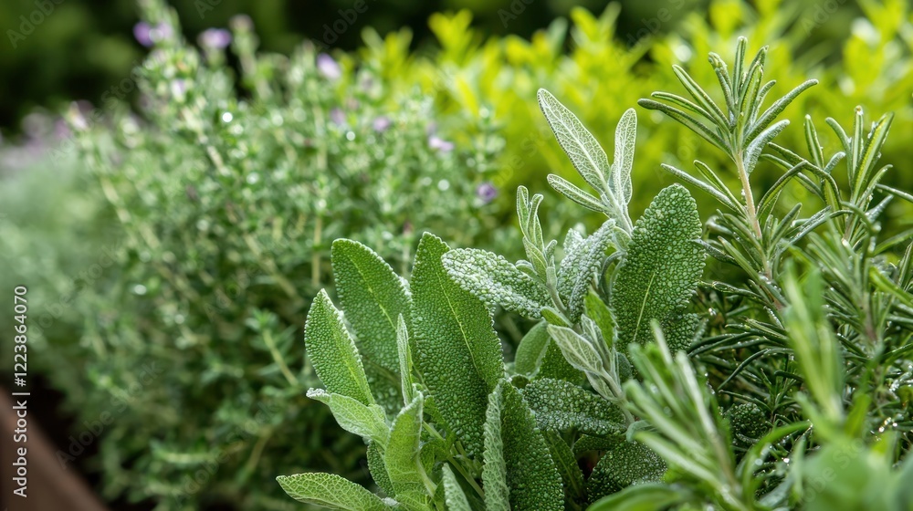 A row of fresh herbs growing in a garden, with dew on the leaves.