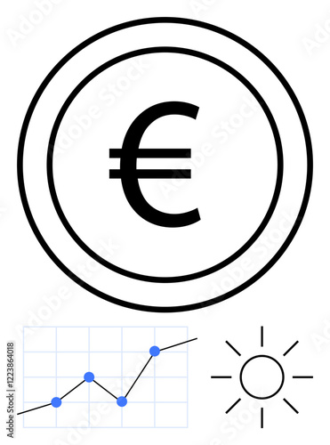 Euro symbol in circle, upward graph in grid, sun icon suggesting economic growth, financial success, progress. Ideal for marketing, fintech, global trade, investments energy economy abstract line