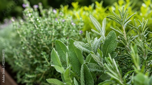 Obraz na płótnie A row of fresh herbs growing in a garden, with dew on the leaves. w salonie