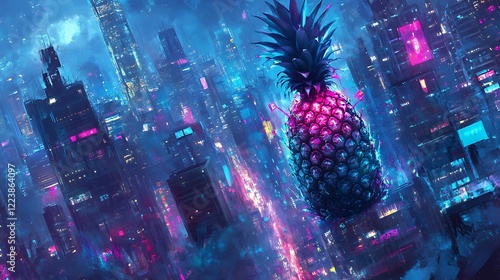 Pineapple futuristic city nightscape; vibrant digital art
