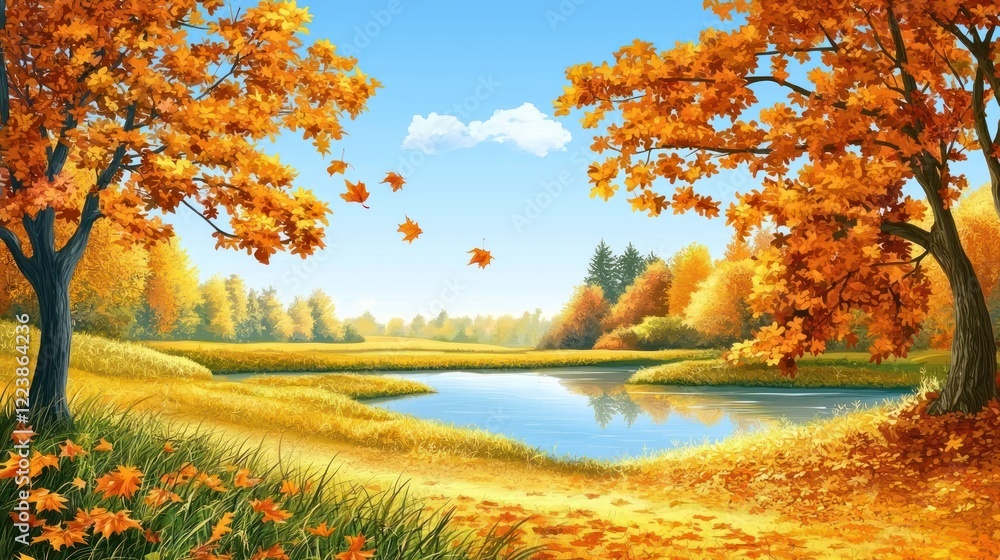A scenic view of golden autumn leaves on trees, set against a clear blue sky.