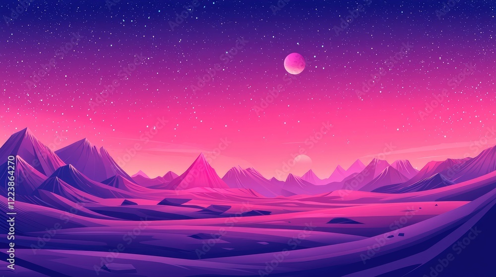 Obraz premium Purple and Pink Mountain Range Under a Starry Sky with a Red Moon