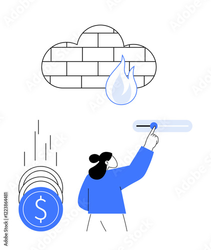 Firewall cloud with flame icon representing cybersecurity, coins symbolizing savings, user adjusting slider. Ideal for financial security, data protection, cloud computing, user control, digital