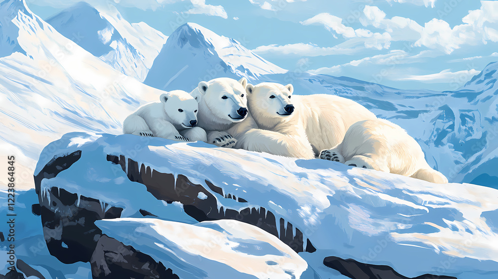 A family of polar bears resting on a snowy rocky ridge. Arctic Ridge. Illustration A family of polar bears resting on a snowy rocky ridge. Arctic Ridge. Illustration