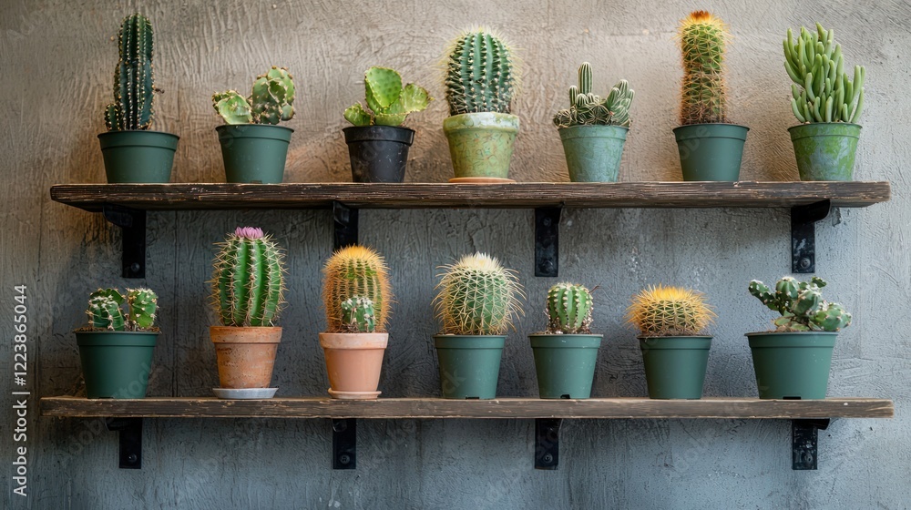 A series of green cactus pots arranged on a shelf, adding a touch of greenery to the interior.