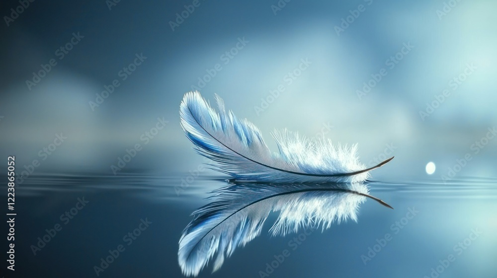 A single goose feather gently floating on the surface of calm water.