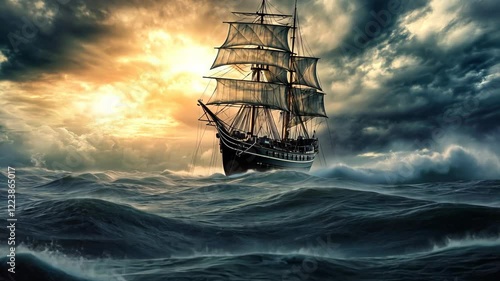A large sailing ship navigates the choppy waters of the ocean beneath a stormy sky.