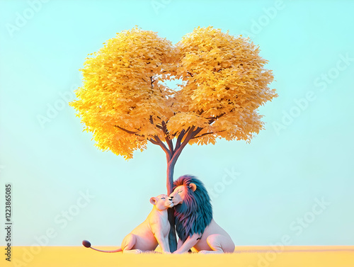 A heart-shaped tree provides a romantic backdrop for two lions, symbolizing love and nature in a serene landscape. photo