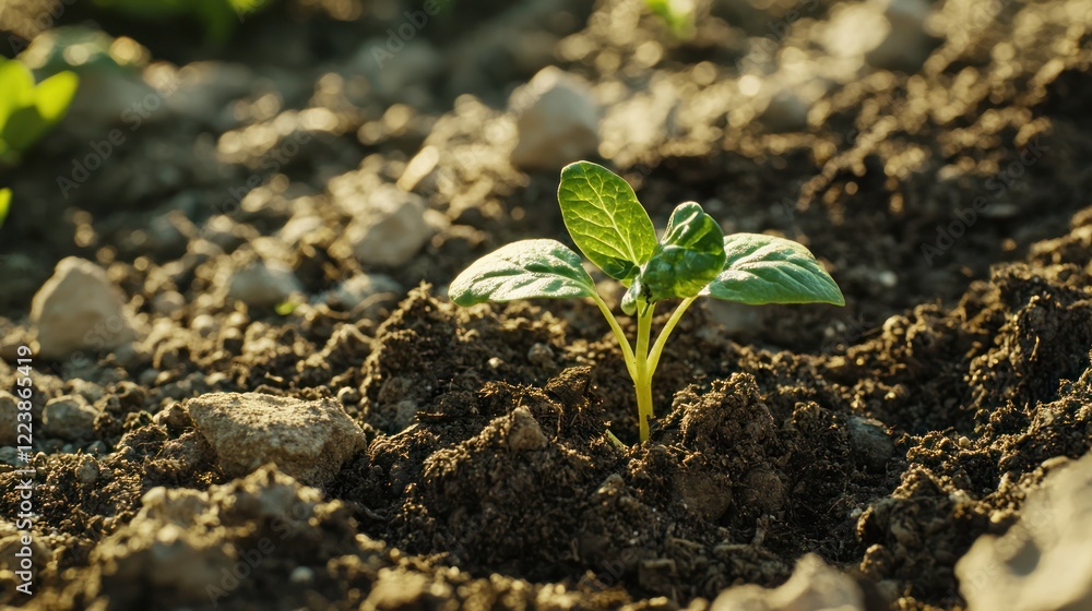 A small sprout emerging from the soil in a sunlit garden.