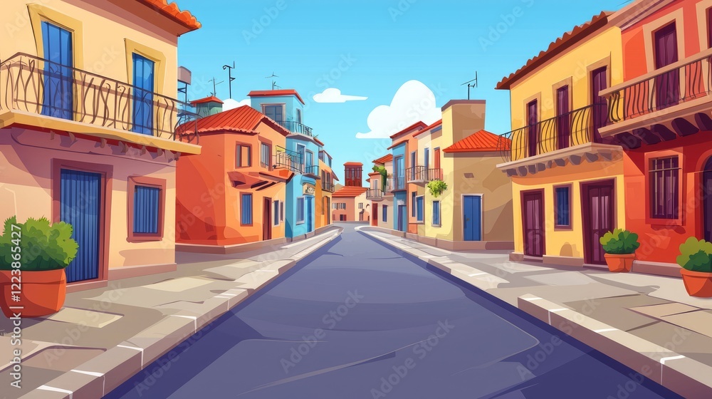 Fototapeta premium Colorful Street Scene with Buildings and Balconies in a Sunny Day
