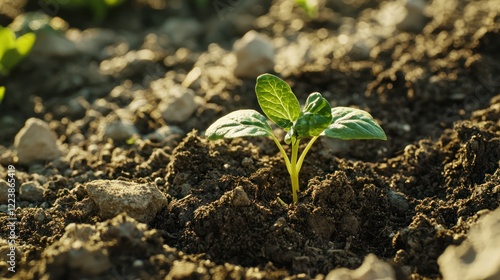 Obraz na płótnie A small sprout emerging from the soil in a sunlit garden. w salonie