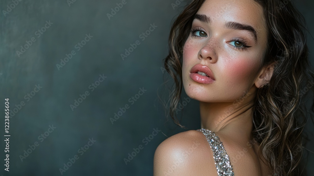 A sophisticated portrait of a model wearing a sparkling dress and soft, natural makeup.