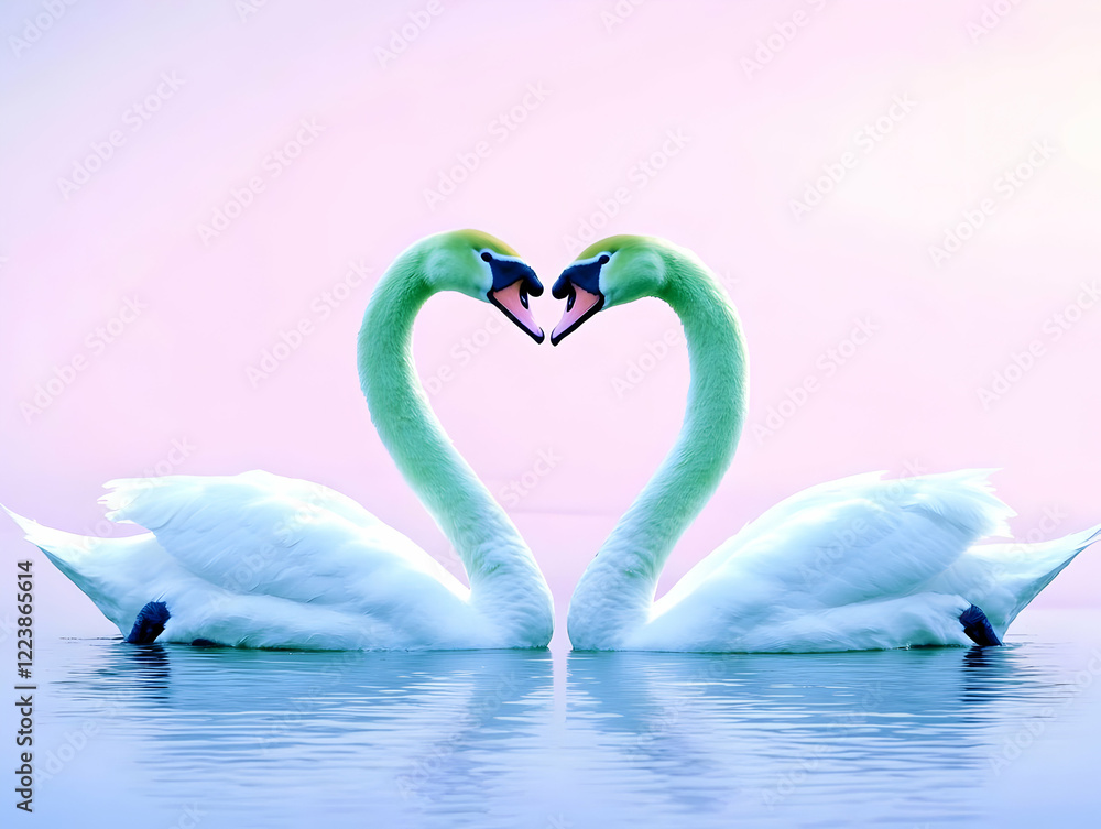 Fototapeta premium Two elegant swans form a heart shape with their necks, gracefully reflected in calm waters, creating a serene and romantic atmosphere.
