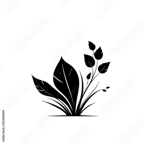 Elegant Black and White Floral Silhouette: Botanical Vector Illustration. Perfect for minimalist designs, nature-inspired projects, and adding a touch of sophistication to your artwork.