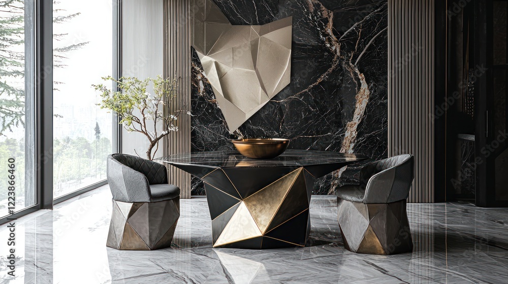 A stylish dining area with a geometric table, chairs, and abstract wall art creating a modern atmosphere.