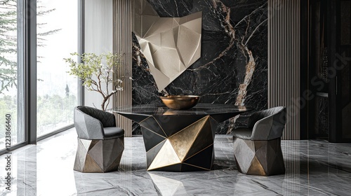 Obraz na płótnie A stylish dining area with a geometric table, chairs, and abstract wall art creating a modern atmosphere. w salonie