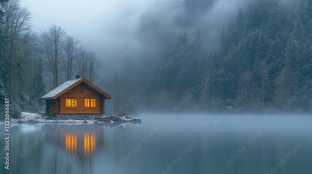 Fototapeta premium Cozy cabin lake winter fog serenity escape