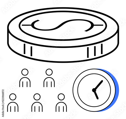 Large coin group of five minimal stick figures, clock with blue accent. Ideal for team projects, economics, time management, finance, collaboration, punctuality, productivity. Line metaphor