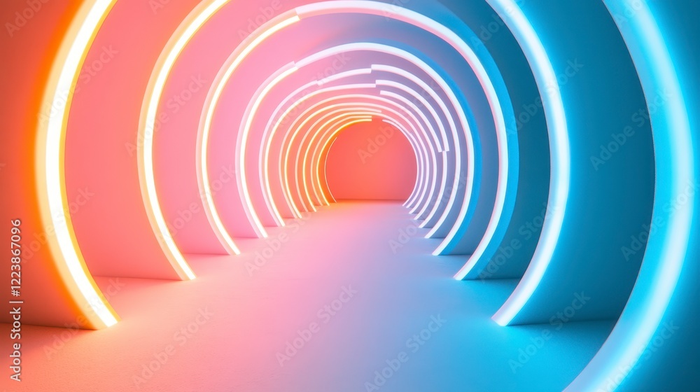 Fototapeta premium Abstract Neon Tunnel Corridor Pink and Blue Circular Lights Futuristic Architecture Background