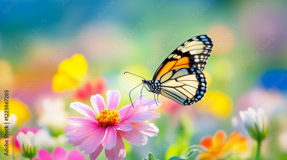 Fototapeta premium Vibrant butterfly on a pink flower in a colorful garden.