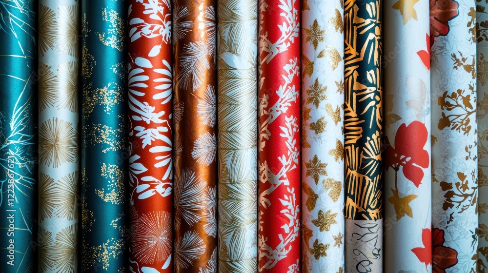A variety of gift wrapping paper rolls with different designs, arranged neatly on a table.