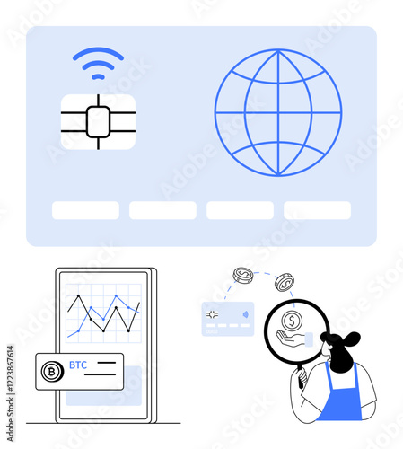 Person analyzing digital financial data on tablet, smart chip card, globe symbolizes global reach, transactions. Ideal for fintech, cybersecurity, global business, cryptocurrency, e-commerce