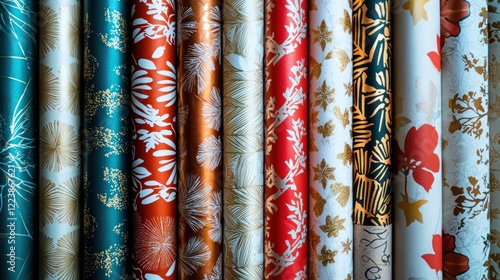 A variety of gift wrapping paper rolls with different designs, arranged neatly on a table.