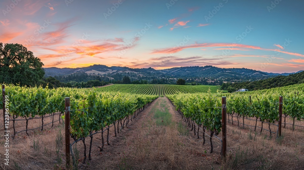 Fototapeta premium A vast vineyard with neatly lined grapevines stretching across the landscape at sunset.