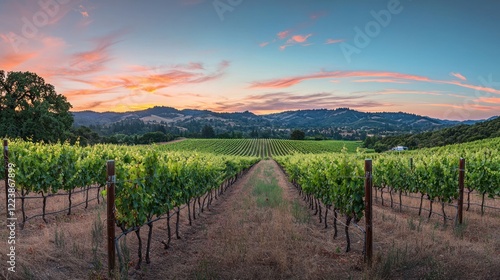 A vast vineyard with neatly lined grapevines stretching across the landscape at sunset.