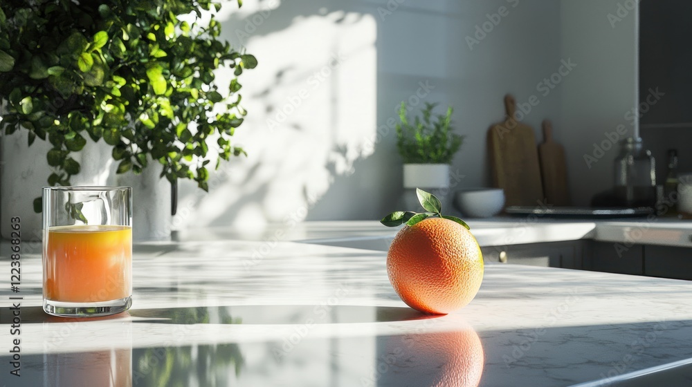 A vibrant grapefruit placed on a bright, white kitchen table with a refreshing drink beside it.