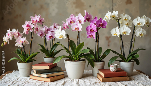 Wallpaper Mural Orchids in pots on table with books, Orchid display Torontodigital.ca