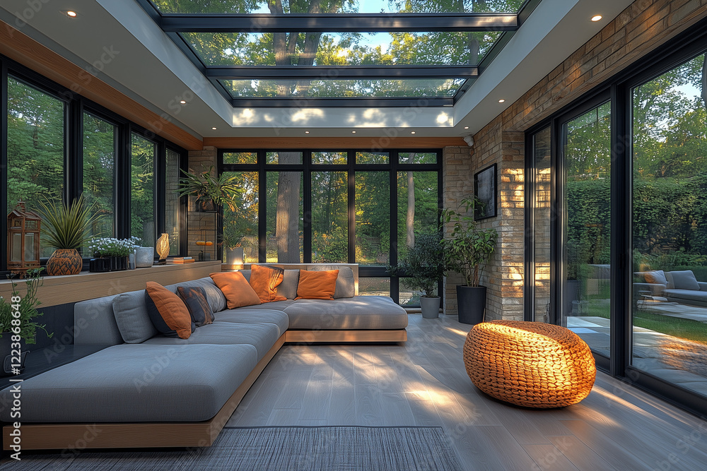 Φωτογραφία A Modern Sunroom with a Glass Ceiling, Offering Incredible Views and a Stylish,