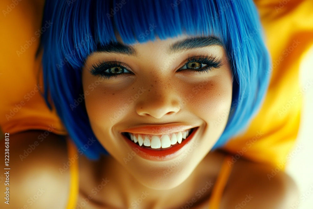Commercial marketing conceptual art. Attractive happy mixed-race girl - for ads, media and digital use. Short coiffure - blue hair. Colored hair photography ideas. African model beauty. Commercial marketing conceptual art. Attractive happy mixed-race girl - for ads, media and digital use. Short coiffure - blue hair. Colored hair photography ideas. African model beauty.