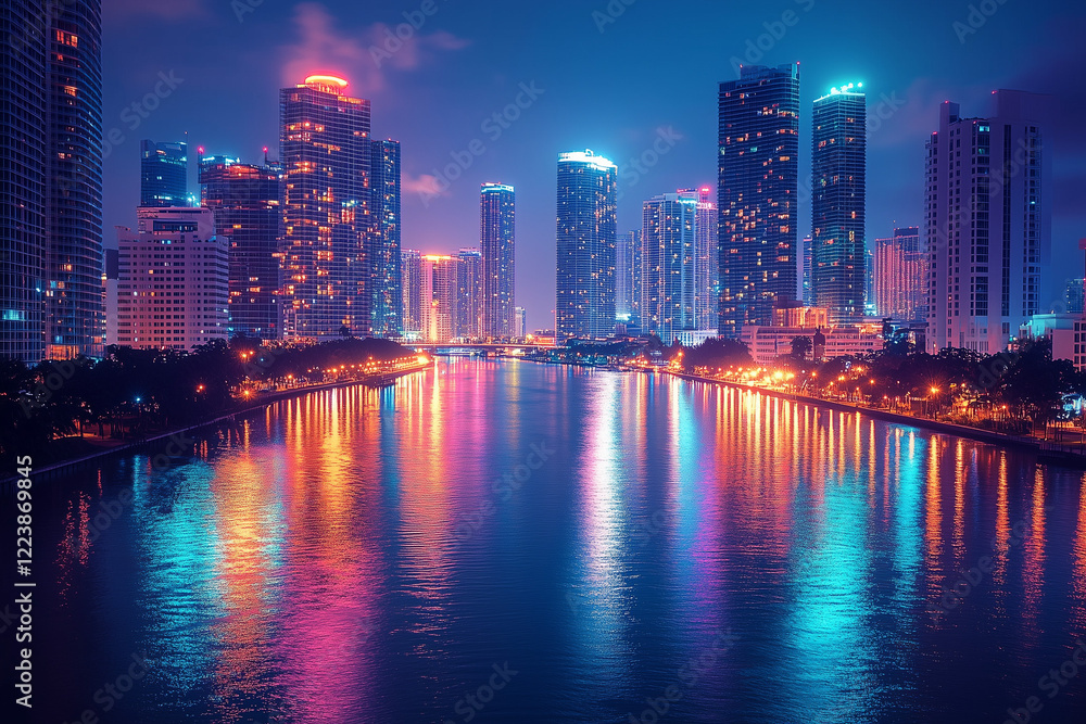 Fototapeta premium A Bustling City Skyline at Night with Skyscrapers Illuminated, Capturing the Vibrancy of Urban Life