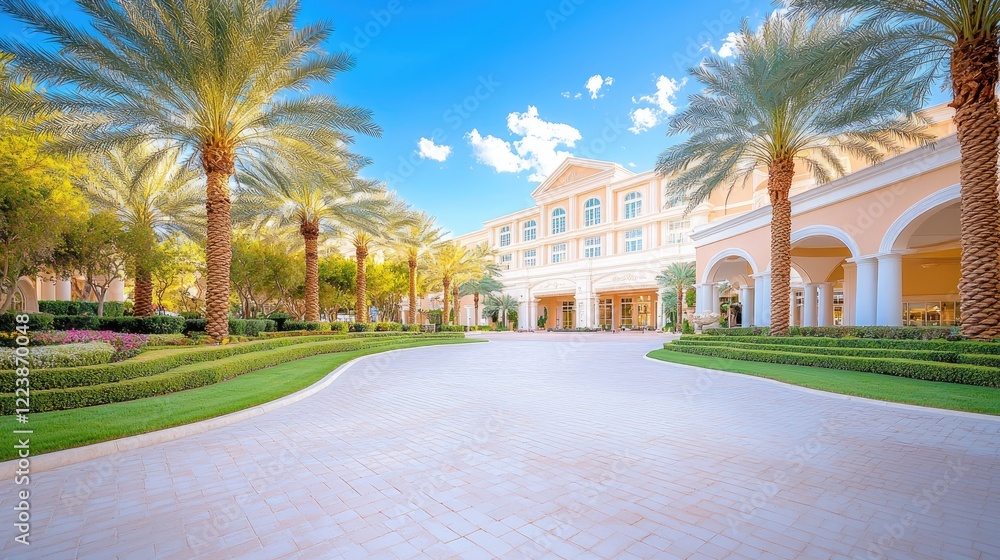 Resort entrance, palm trees, sunny day, paved driveway. Website banner Resort entrance, palm trees, sunny day, paved driveway. Website banner